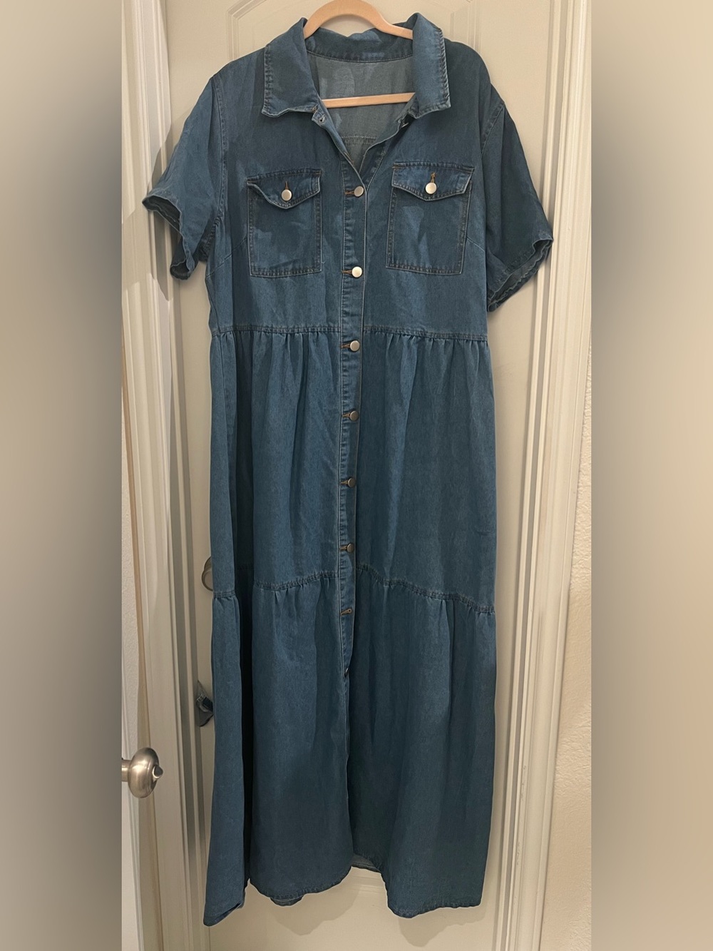 SHEIN CURVE 2XL Blue Denim Chambray Tiered Button Front Shirt Dress